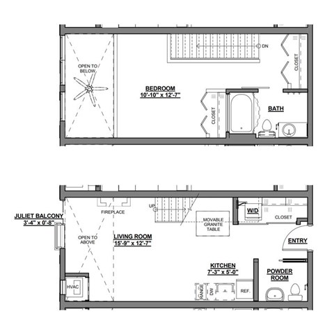 A floor plan of a small apartment with a bedroom, living room, kitchen, and bathroom.