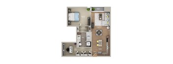 A floor plan of a house with a bedroom, living room, kitchen, and bathroom.