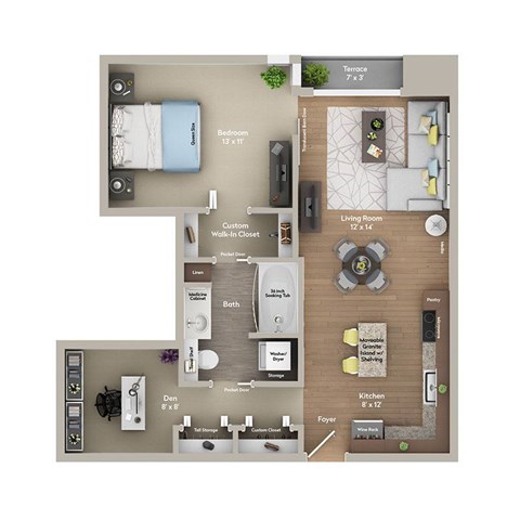 A floor plan of a house with a bedroom, living room, kitchen, and bathroom.