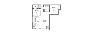 A floor plan of a small apartment with a living room, two bedrooms, a kitchen, and a bathroom.