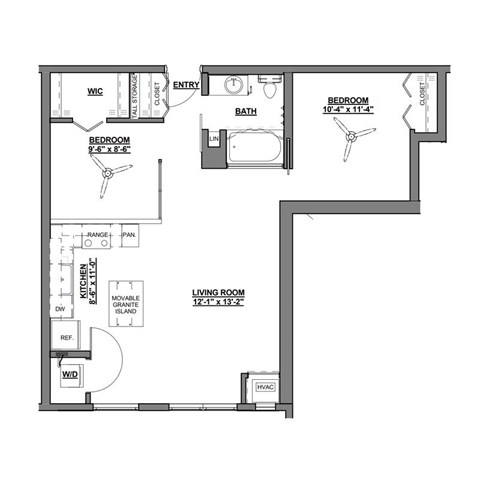 A floor plan of a small apartment with a living room, two bedrooms, a kitchen, and a bathroom.