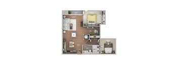 A floor plan of a small apartment with a living room, kitchen, and bedroom.