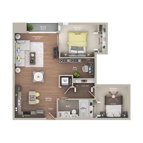 A floor plan of a small apartment with a living room, kitchen, and bedroom.