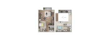 A floor plan of a two bedroom apartment with a living room, kitchen, and bathroom.