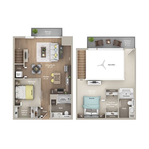 A floor plan of a two bedroom apartment with a living room, kitchen, and bathroom.