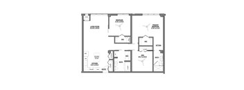 A black and white floor plan of a house with a living room, kitchen, and two bedrooms.