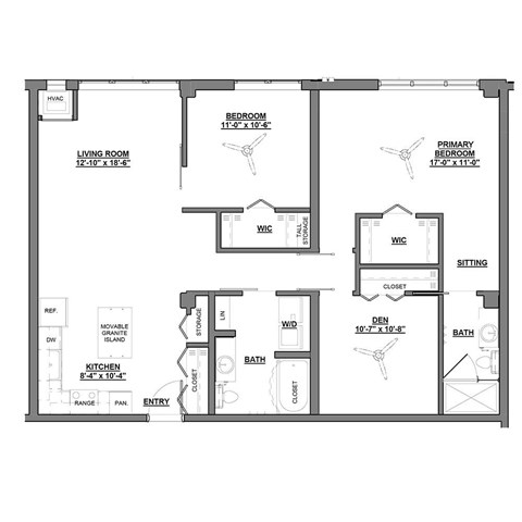 A black and white floor plan of a house with a living room, kitchen, and two bedrooms.