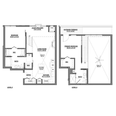 A floor plan of a two level home with a balcony and an outdoor terrace.