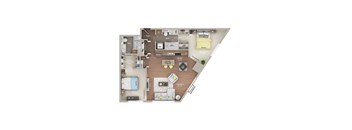 A detailed 3D floor plan of a small apartment layout.