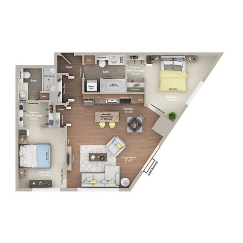 A detailed 3D floor plan of a small apartment layout.