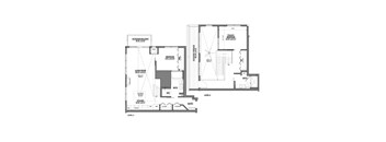 A floor plan of a house with a living room, kitchen, and bathrooms.