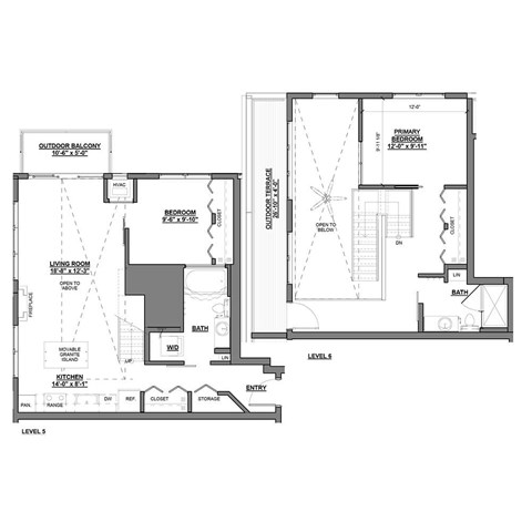 A floor plan of a house with a living room, kitchen, and bathrooms.
