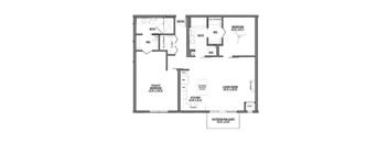 A black and white floor plan of a house with a living room, kitchen, and two bedrooms.