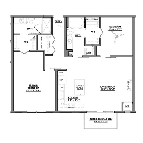 A black and white floor plan of a house with a living room, kitchen, and two bedrooms.