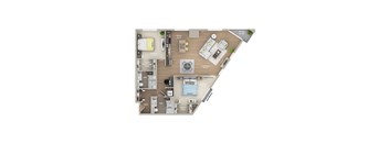 A floor plan of a house with a kitchen, living room, and bathrooms.