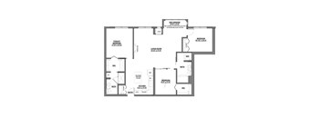 A floor plan of a living space with a primary bedroom, a living room, a kitchen, a bathroom, and a movable granite island.