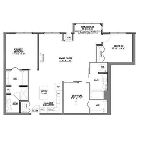 A floor plan of a living space with a primary bedroom, a living room, a kitchen, a bathroom, and a movable granite island.