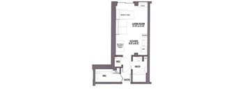 A floor plan of a small apartment with a living room, kitchen, bathroom, and bedroom.