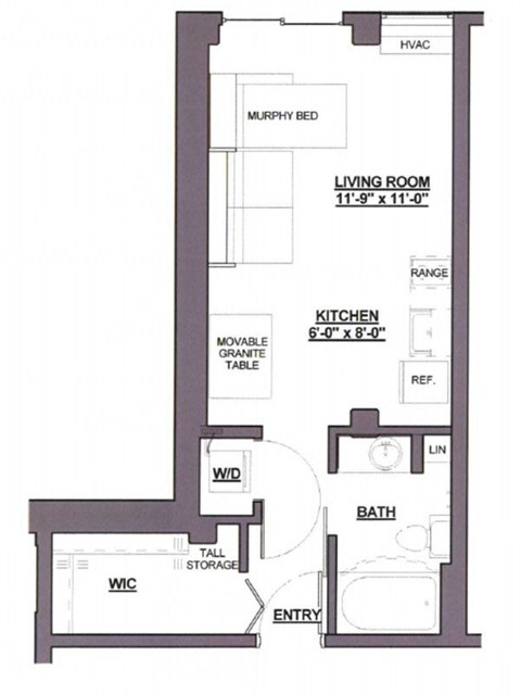 A floor plan of a small apartment with a living room, kitchen, bathroom, and bedroom.