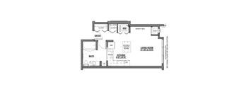 A floor plan of a living room with a kitchen and bathroom.