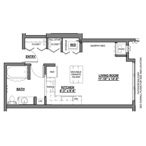 A floor plan of a living room with a kitchen and bathroom.