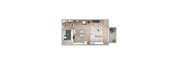 A floor plan of a house with a kitchen, living room, and bathroom.
