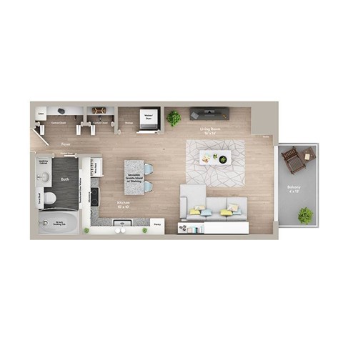 A floor plan of a house with a kitchen, living room, and bathroom.