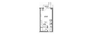 A floor plan of a house with a living room, kitchen, bathroom and storage.