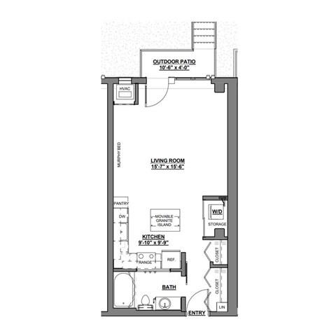 A floor plan of a house with a living room, kitchen, bathroom and storage.