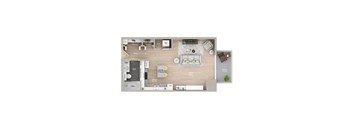 A floor plan of a house with a living room, kitchen, and bathroom.