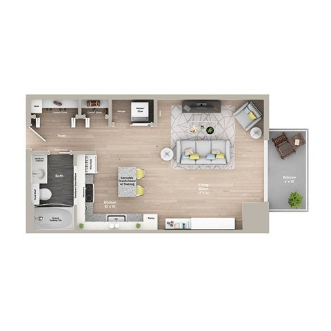 A floor plan of a house with a living room, kitchen, and bathroom.