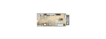 A floor plan of a house with a living room, dining room, kitchen, and bathrooms.