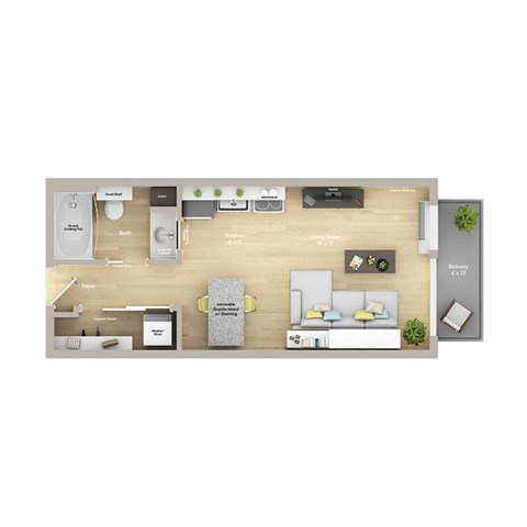 A floor plan of a house with a living room, dining room, kitchen, and bathrooms.