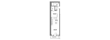 A floor plan of a home with a living room, kitchen, and bath.