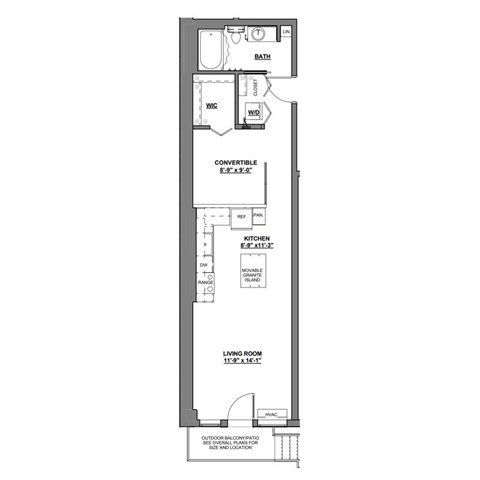A floor plan of a home with a living room, kitchen, and bath.