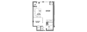 A floor plan of a small apartment with a living room, kitchen, bathroom, and entry.