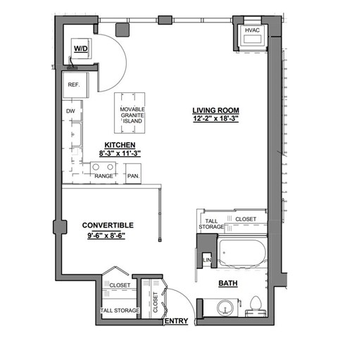 A floor plan of a small apartment with a living room, kitchen, bathroom, and entry.