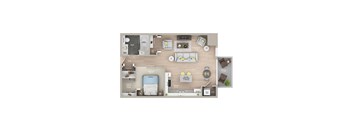 A floor plan of a small apartment with a living room, kitchen, and bathroom.