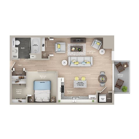 A floor plan of a small apartment with a living room, kitchen, and bathroom.