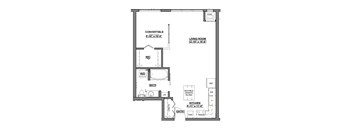 A floor plan of a house with a living room, kitchen, bathroom, and a closet.