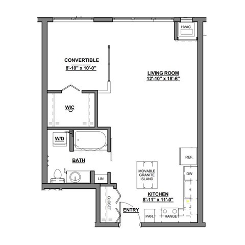 A floor plan of a house with a living room, kitchen, bathroom, and a closet.