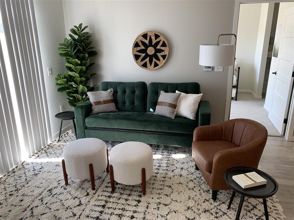 a living room with a green couch and a rug