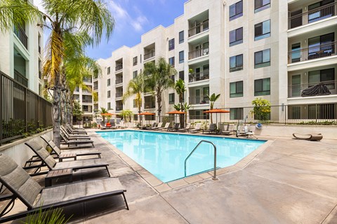 A pool surrounded by lounge chairs and palm trees.