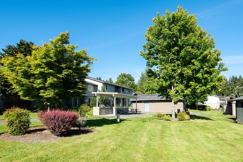 a house with a yard and trees in front of it