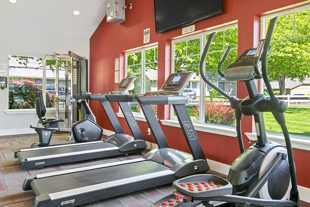 a gym with treadmills and other exercise equipment and a tv