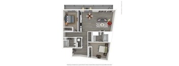 A 3D rendered image of a modern apartment.