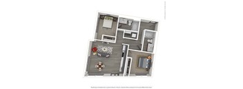 A 3D rendered image of a modern apartment.