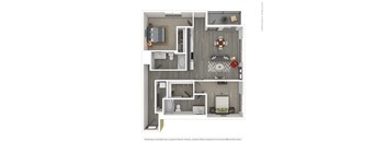 A 3D rendered image of a modern apartment.