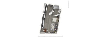 A 3D rendered image of a modern apartment layout.