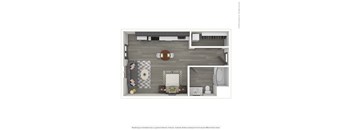 A 3D rendered image of a modern apartment.
